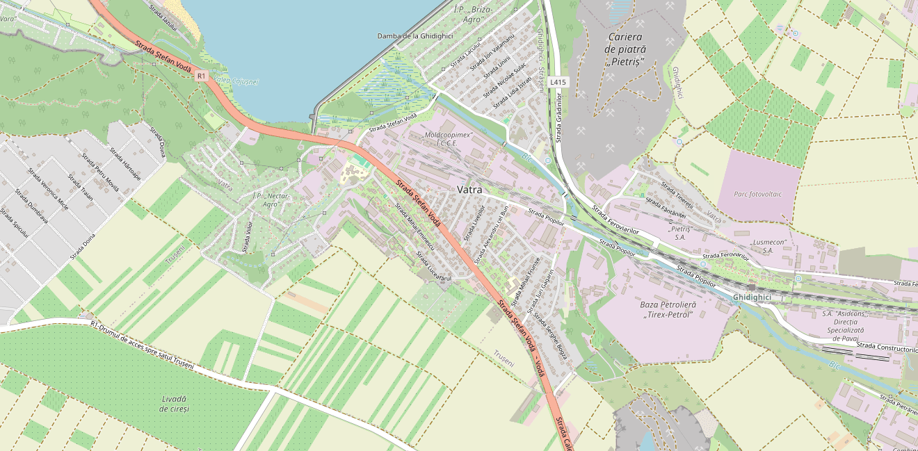 Map of Vatra. The marker shows Vatra Town Hall, 5 Ștefan Vodă St.